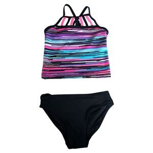 Free country Girls 2-Piece Tankini Swimsuit Multi-Color Stripe Strappy Back SZ 4